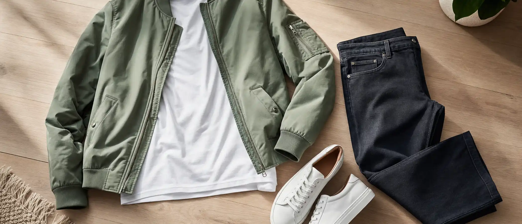 Outfit met legergroen pilotenjack, wit t-shirt, donkere spijkerbroek en sneakers op een kledingrek